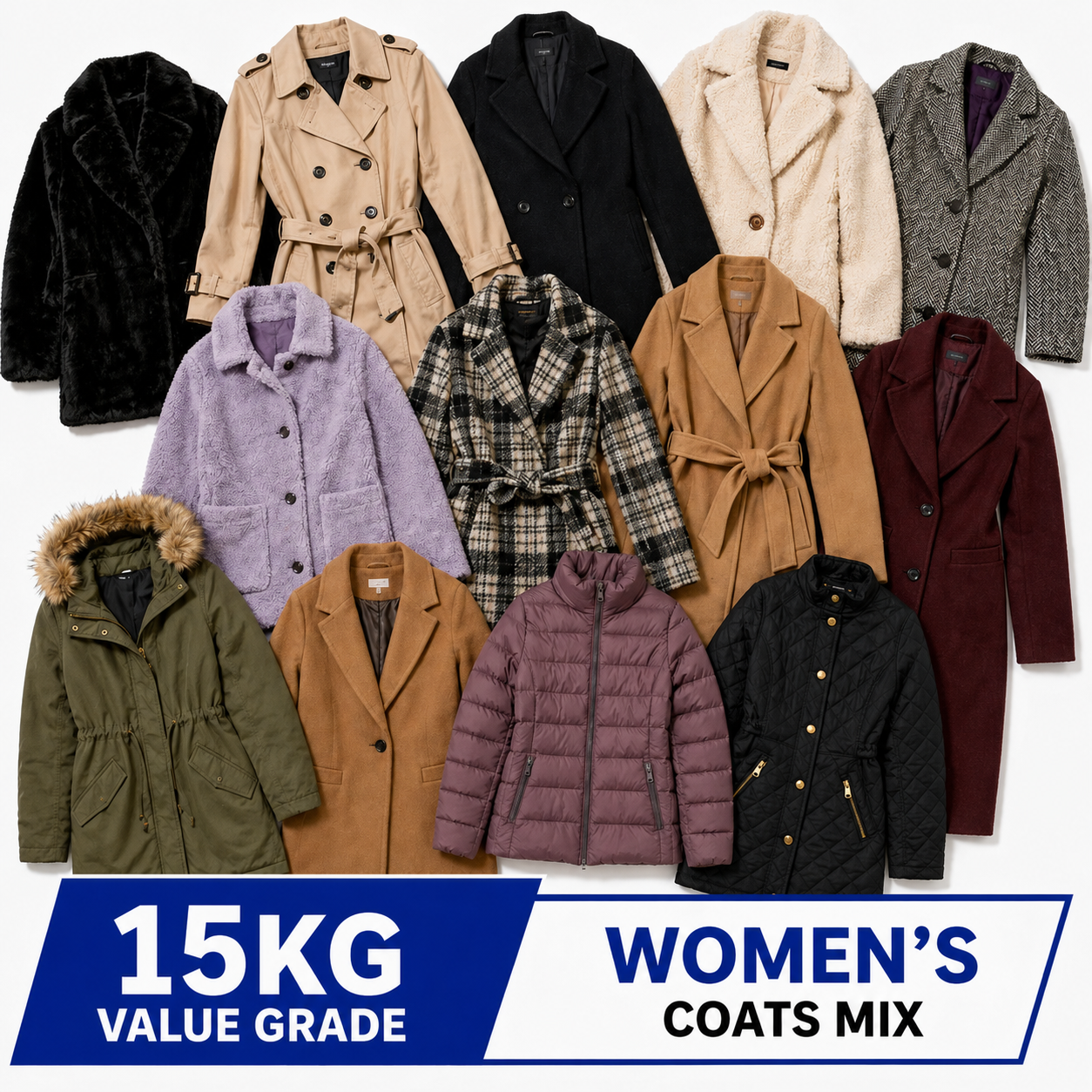 Wholesale used women's coats mix 15kg value grade. Flat lay of assorted winter coats including trench coats, faux fur, quilted, padded, teddy and wool styles in mixed colours on a white background. Suitable for clothing resellers and wholesale buyers.
